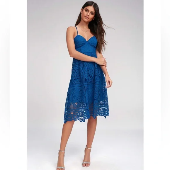 Lulus Real Life Dream Cobalt Blue Lace Midi Dress